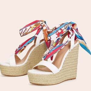 White Espadrille Wedge Sandals with Colorful Scarf